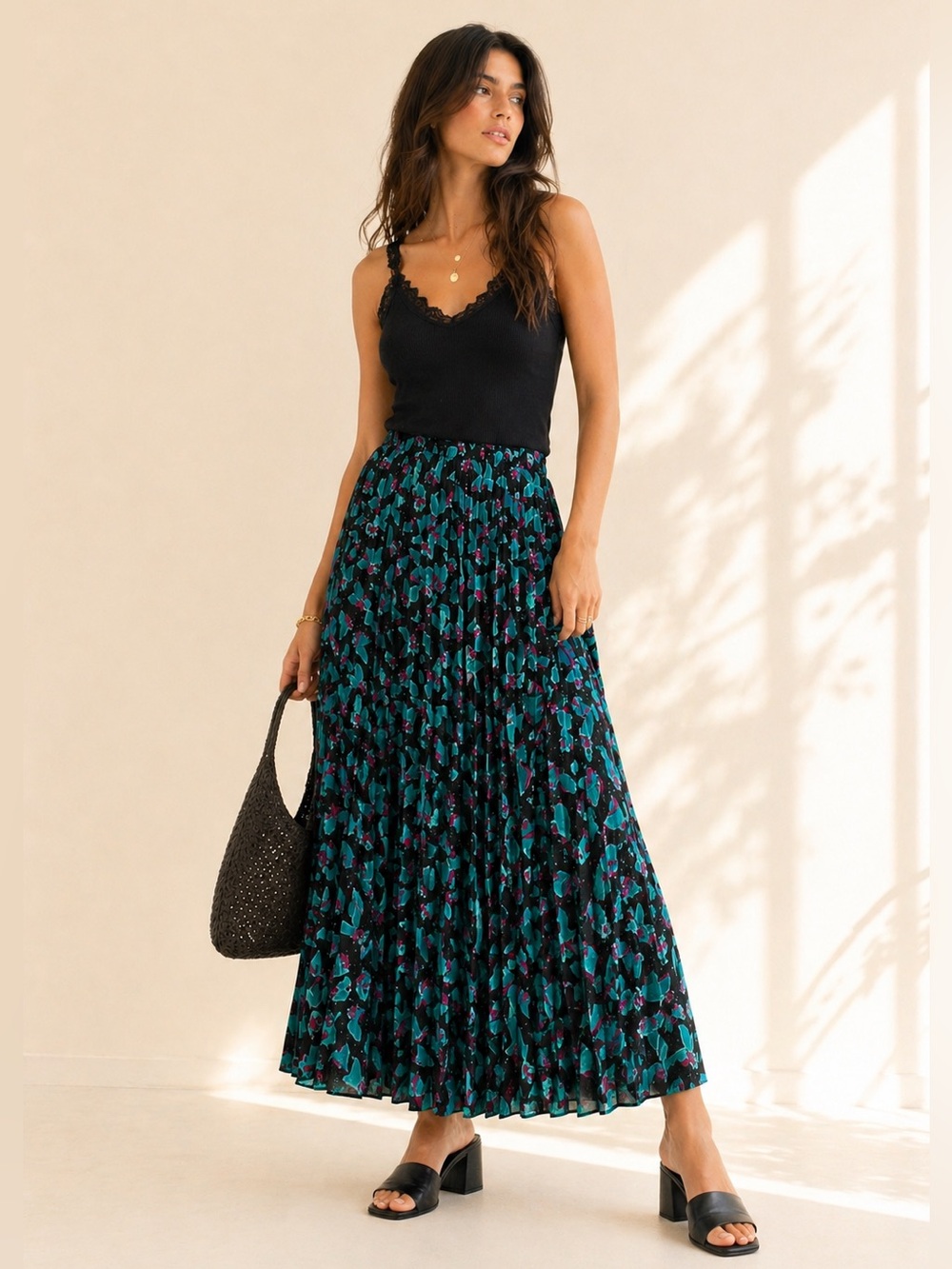 Vintage Pleated Floral Maxi Skirt Teal Floral Print Sheen Dark Romantic Grunge M